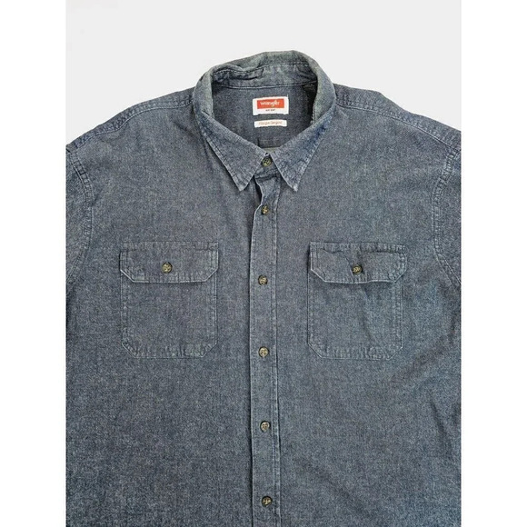 Wrangler Size 2XL Men's Blue Denim Logo tag Long Sleeve Two Pocket Shirt - Picture 10 of 12